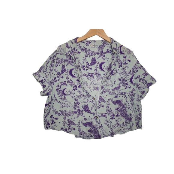 Free People Intimately Purple Bird & Moon Print Button Front Blouse – Size Small - Picture 1 of 5
